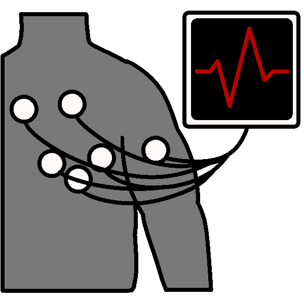 A gray torso and arm with sensors on it and wires leading from them to a screen with a red heart rate line on it.